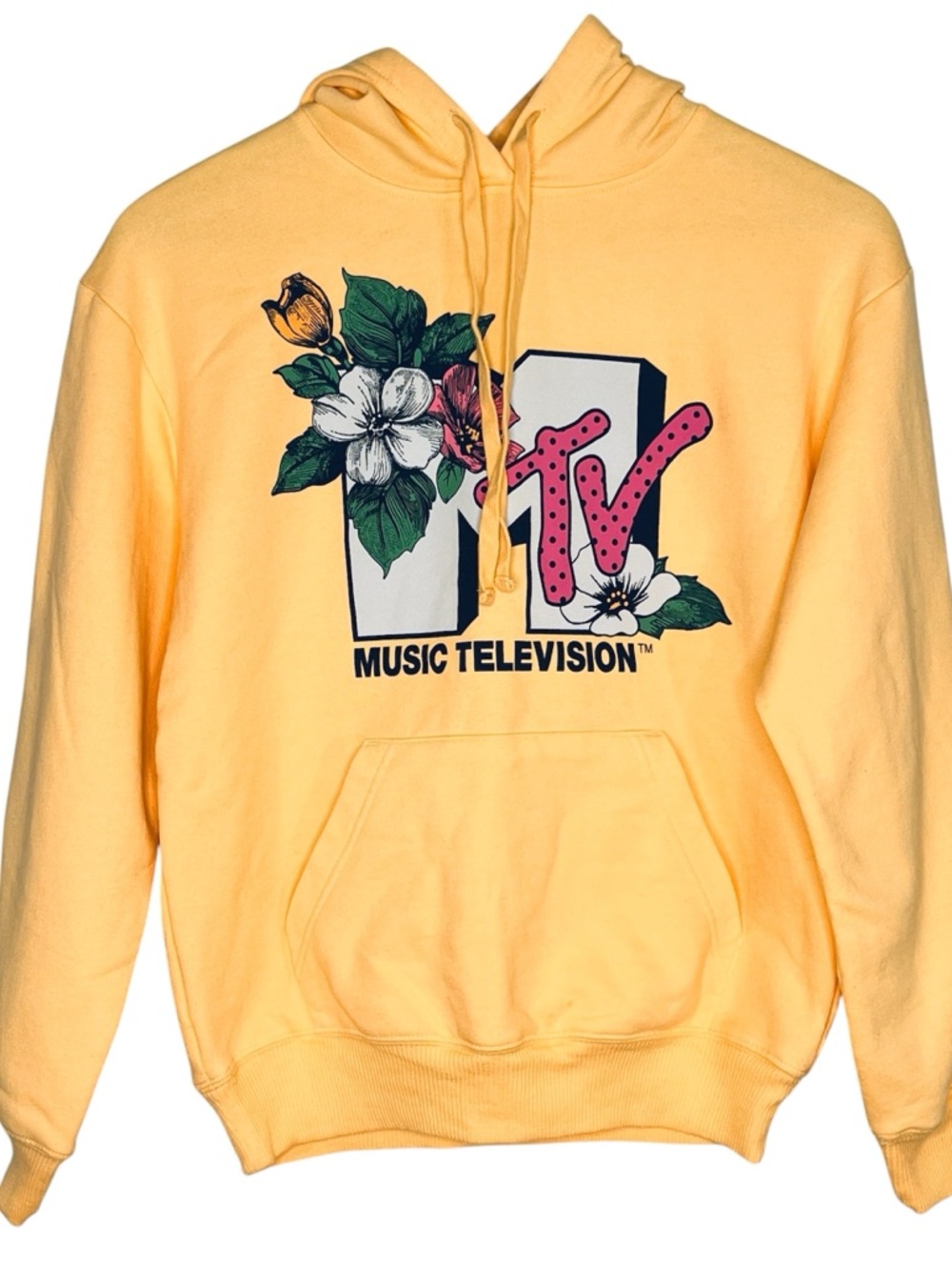 Viacom MTV Yellow Sweatshirt Hoodie Pullover Floral Design Y2K Womens Size XS